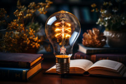 une ampoule avec un livre et des cônes de pin