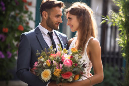 Un homme et une femme tenant des fleurs