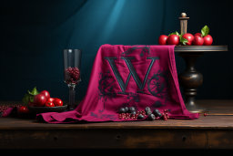 Uma toalha vermelha com uma carta ao lado de um copo de vinho e frutas