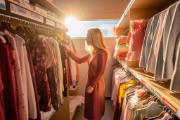 Uma mulher em um vestido vermelho olhando para roupas em um armário