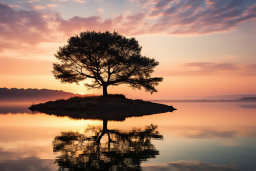 uma árvore em uma ilha em um corpo de água