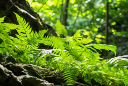 Sunlit Ferns in a Lush Forest
