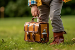 a child holding a brown leather bag