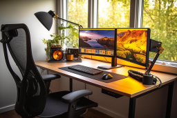 a desk with multiple monitors