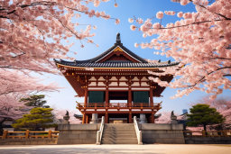 Traditional Japanese Architecture and Cherry Blossoms