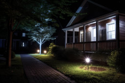 Une maison avec une passerelle et des arbres et des lumières la nuit
