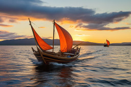 a boat with orange sails on water