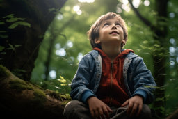 a boy sitting on a log looking up