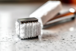 Une petite boîte en métal avec des tampons en coton blanc