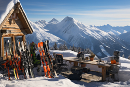 una mesa con esquís y sillas frente a una montaña