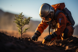 une personne en costume d'astronaute plantant un petit arbre