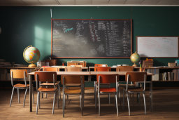 Egy osztályterem íróasztalokkal és székekkel, valamint egy táblával