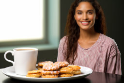 Woman Having Breakfast with Coffee and Cookies