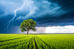 a tree in a field with lightning