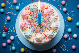 Colorful Birthday Cake with a Single Candle