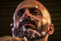 Un homme avec de la crème à raser sur son visage
