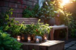 un groupe de plantes et de bougies sur un banc