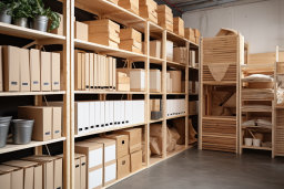 Un gran estante de madera con cajas y cajas