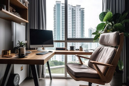 un bureau avec un ordinateur et une chaise devant une fenêtre