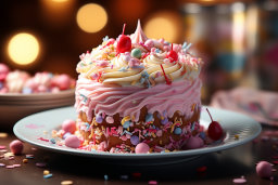un gâteau avec un glaçage rose et des paillettes sur une assiette