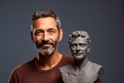 a man holding a statue of a man