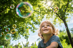 a child looking up at bubbles