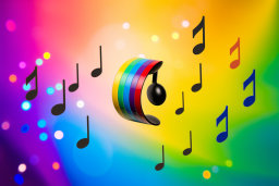 Uma espiral arco -íris de cor de arco -íris com notas musicais pretas e vermelhas e amarelas e pretas