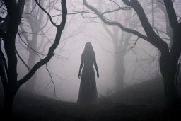 Une femme dans une robe dans une forêt brumeuse