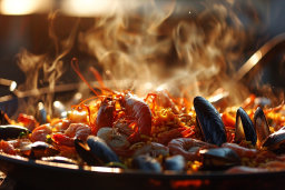 Steaming Seafood Paella Close-Up