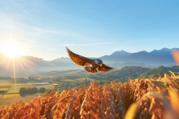 egy madár repül egy száraz növényi mezőn