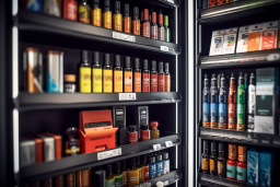 a shelf with bottles of liquid