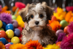 um cachorro sentado em uma cesta de flores
