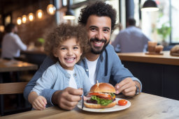 un homme et un enfant assis à une table avec une assiette de nourriture
