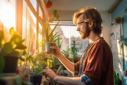 un homme tenant une tasse avec des plantes dedans