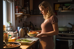 uma mulher grávida em uma cozinha