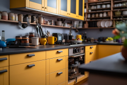 Une cuisine avec des armoires jaunes et des comptoirs noirs