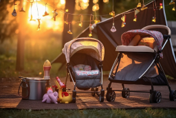 un groupe de poussettes pour bébés avec des lumières et une tente
