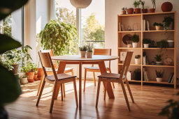 a table and chairs in a room with plants
