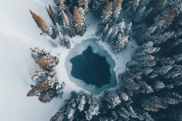 Winter's Embrace: Snowy Trees Surrounding a Frozen Lake