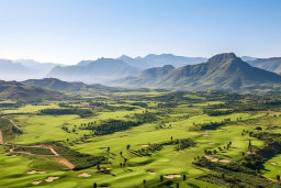 a golf course with mountains in the background