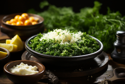 a bowl of food with cheese and greens