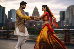 un homme et une femme dansant sur un pont
