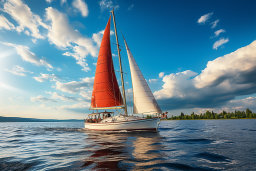 a sailboat with a red sail on water