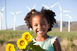 a girl smiling with sunflowers in front of windmills