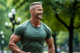 Muscular Man in Green T-Shirt Outdoors