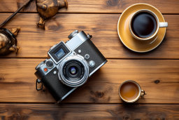 une caméra et une tasse de café