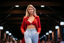 a woman in a red shirt and blue pants