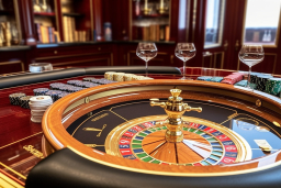 Una rueda de ruleta con chips de póker y copas de vino