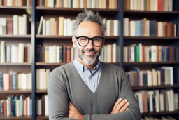 a man with glasses and grey sweater standing in front of a bookshelf