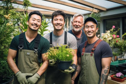 un groupe d'hommes tenant une plante en pot